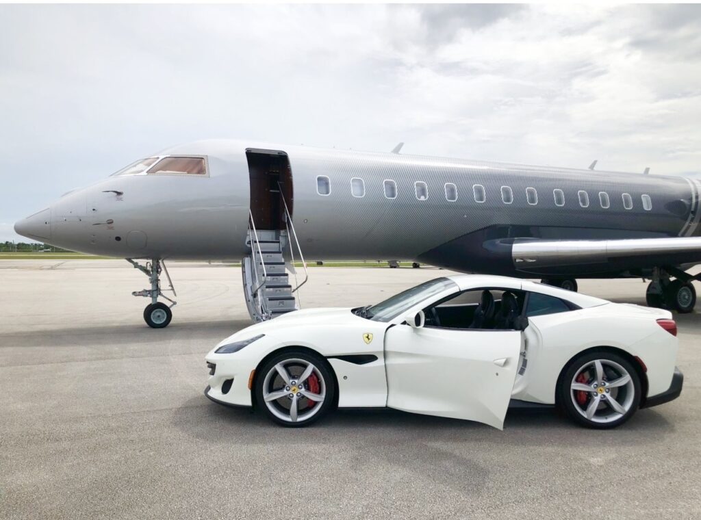 Exotic car delivery to private jet FBO tarmac in Florida