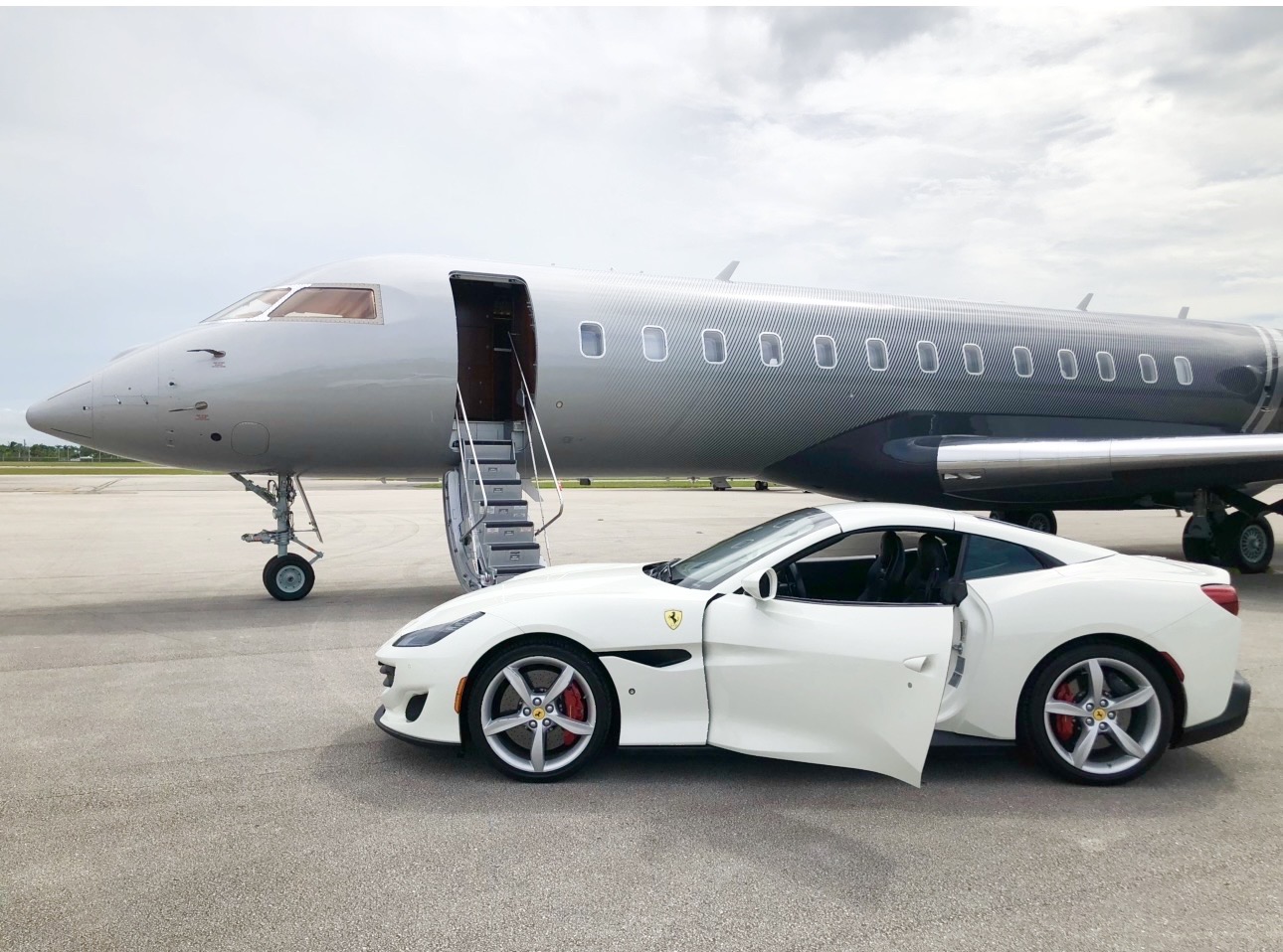 Exotic car delivery to private jet FBO tarmac in Florida