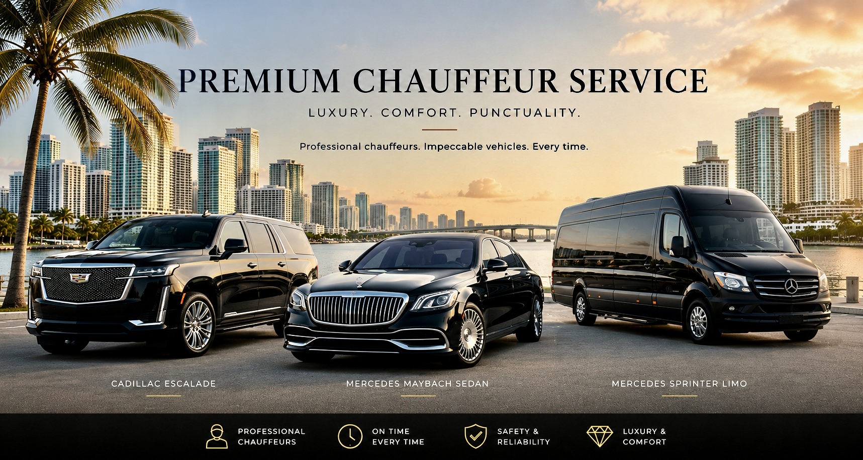 Private chauffeur service Miami luxury car fleet with Cadillac Escalade, Mercedes-Maybach sedan, and Mercedes Sprinter Limo
